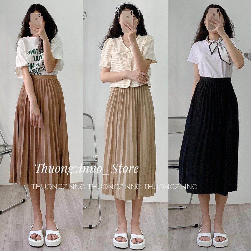 [Ảnh thật/Video] Chân váy midii xếp li nhẹ nhàng tiểu thư Chân váy dài chun eo Quảng Châu