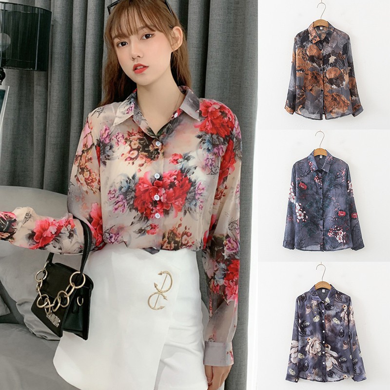 Áo Sơ Mi Nữ Tay Dài Dáng Rộng In Hoa Phong Cách Hàn Quốc