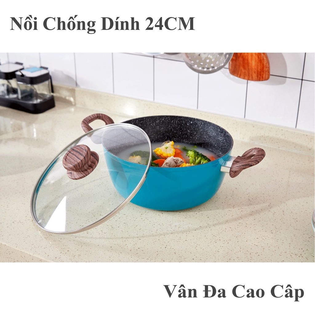 Bộ Nồi chống dính vân đá đáy từ chảo chống dính có nắp nồi quấy bột cho bé phù hợp với mọi loại bếp từ