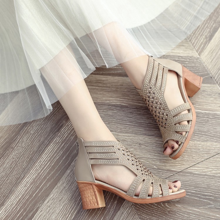 Giày cao gót sandal nữ đế dày đính pha lê thời trang mùa hè