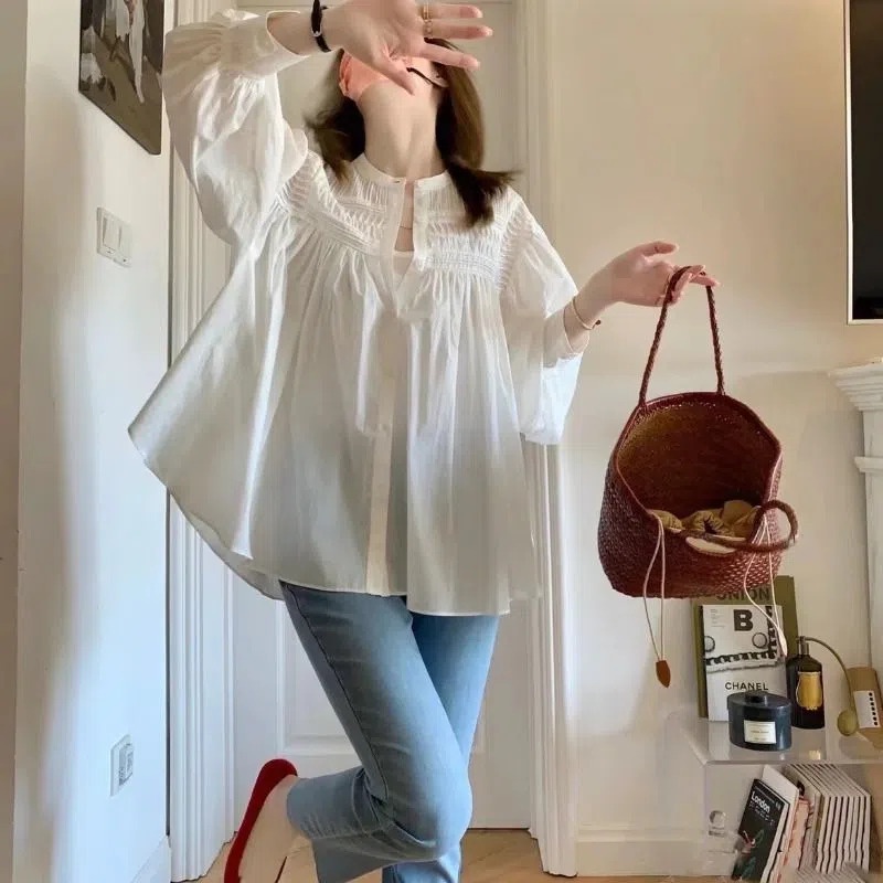 Áo Sơ Mi Cotton Lanh Tay Dài Màu Trắng Phong Cách Pháp Cổ Điển Thời Trang Mùa Hè Cho Nữ