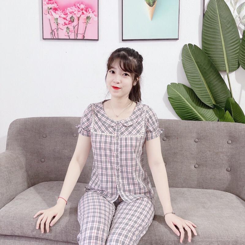 Bộ kẻ, bộ đồ mặc nhà, đồ nữ áo cộc quần dài chất thô hàn mềm mát, đủ size