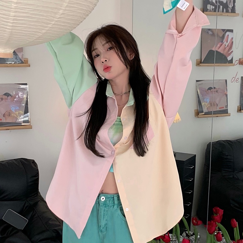 SUXI Áo Sơ Mi Tay Dài Chống Nắng Màu Sắc Tương Phản Thời Trang Mùa Hè Cho Nữ