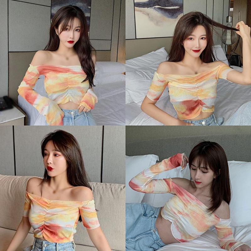 Áo Croptop Trễ Vai Tay Dài Nhuộm Màu Thời Trang Quyến Rũ Cho Nữ