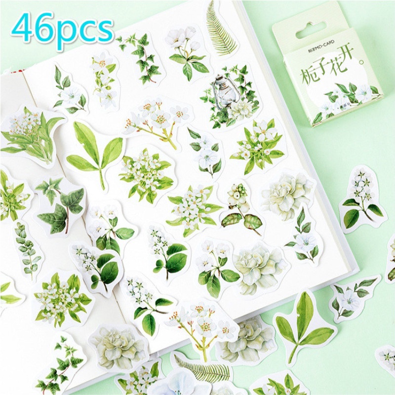 Hộp 46 miếng dán trang trí hình hoa lá màu trắng và xanh lá cây thời trang mùa hè dành cho học sinh