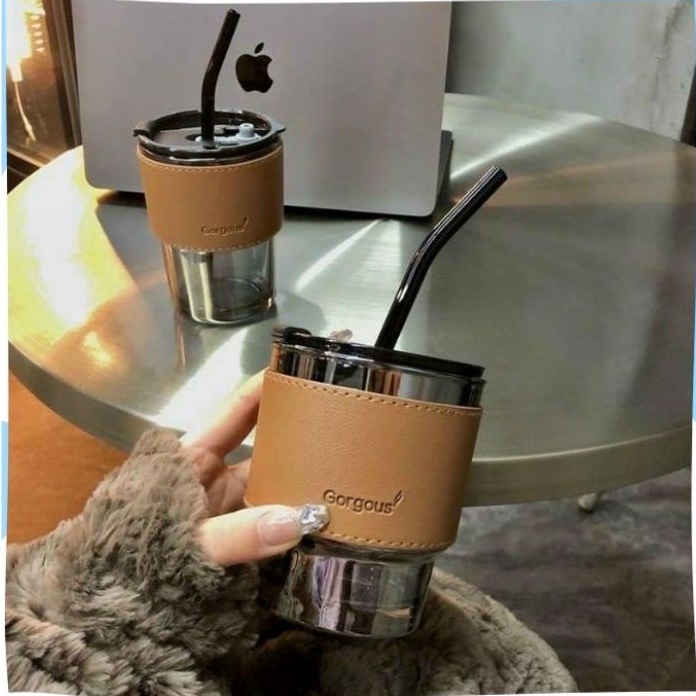 Cốc, ly thủy tinh bọc da 450ml kèm ống hút, chống bỏng chống rò rỉ cách nhiệt tốt