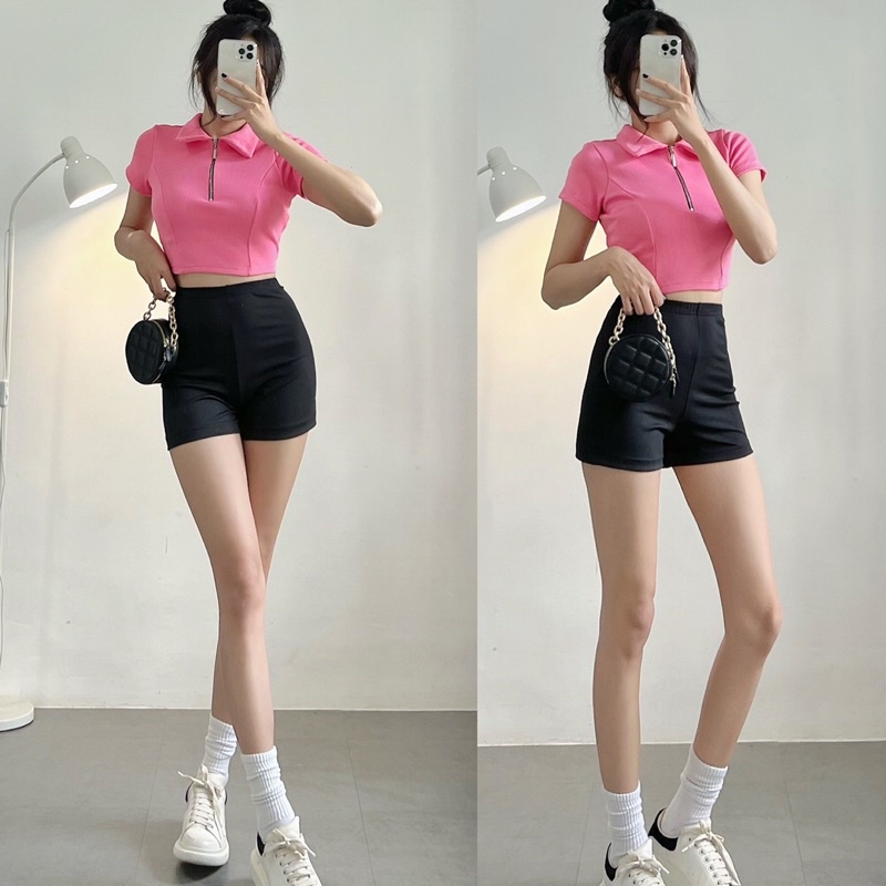 Áo Thun Croptop Polo Phối Khoá Kéo Tay Ngắn Siêu Chất