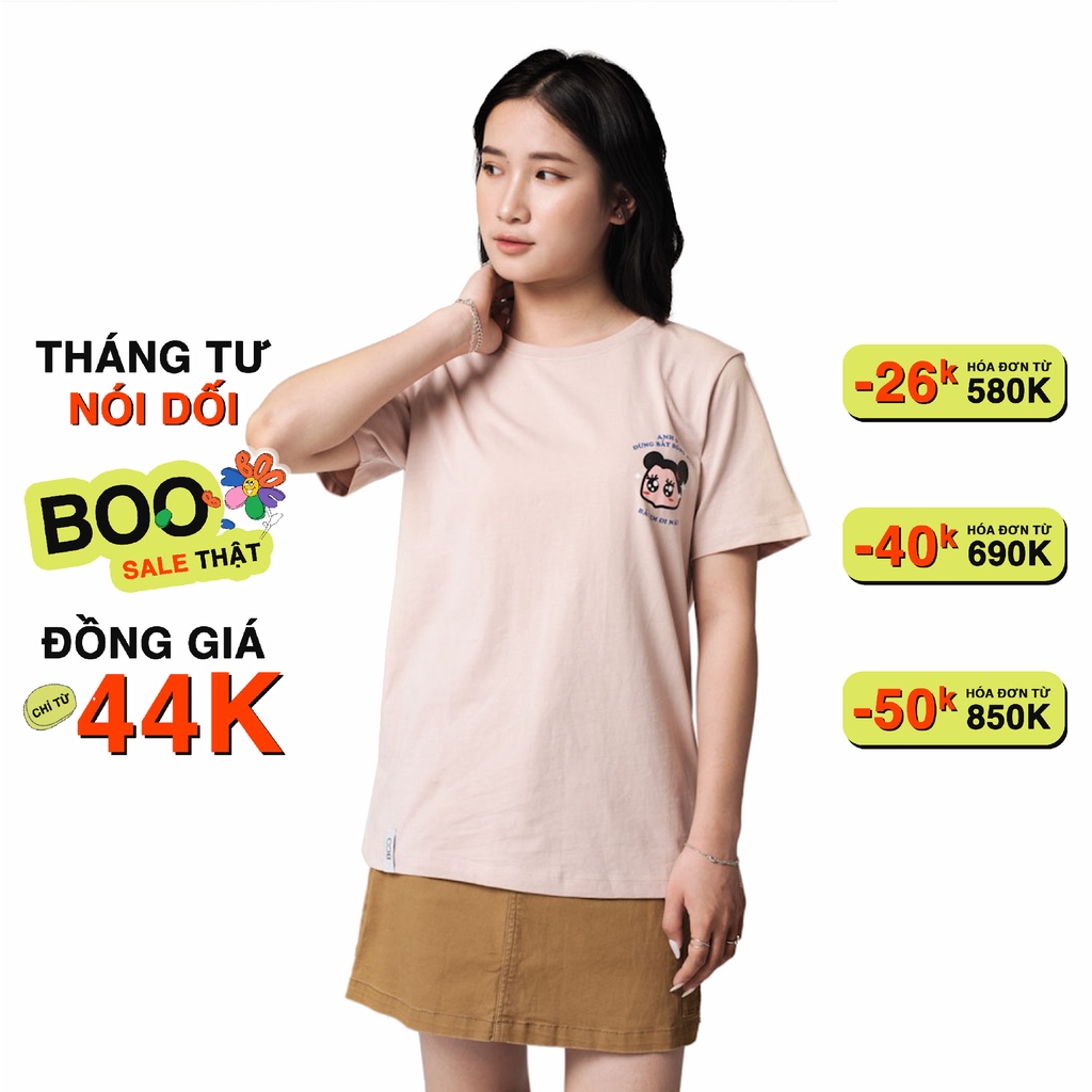 Áo Thun BOO Nữ Dáng Cơ Bản, Cotton Cao Cấp In Logo BOOticker Bắt Em ĐI