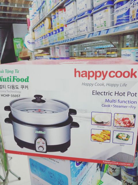 Lẩu điện đa năng nắp kính có xửng hấp Happy Cook HCHP-350ST 1300W 3.5L (Bạc) Hàng quà tặng từ sữa Nutifood