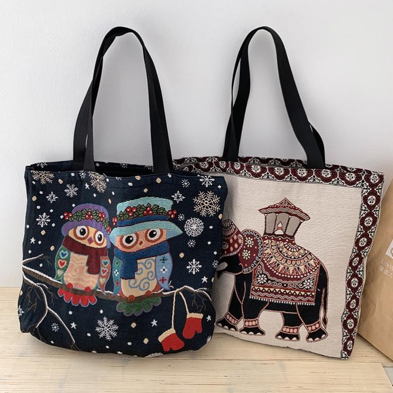 Túi tote, túi vải canvas đeo vai ReTro Châu Âu họa tiết thổ cẩm xinh xắn
