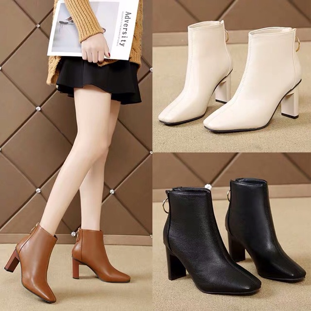 Boots cổ lửng khoá zip khoen tròn sau, mũi vuông, gọt trụ dẹp 7cm M885