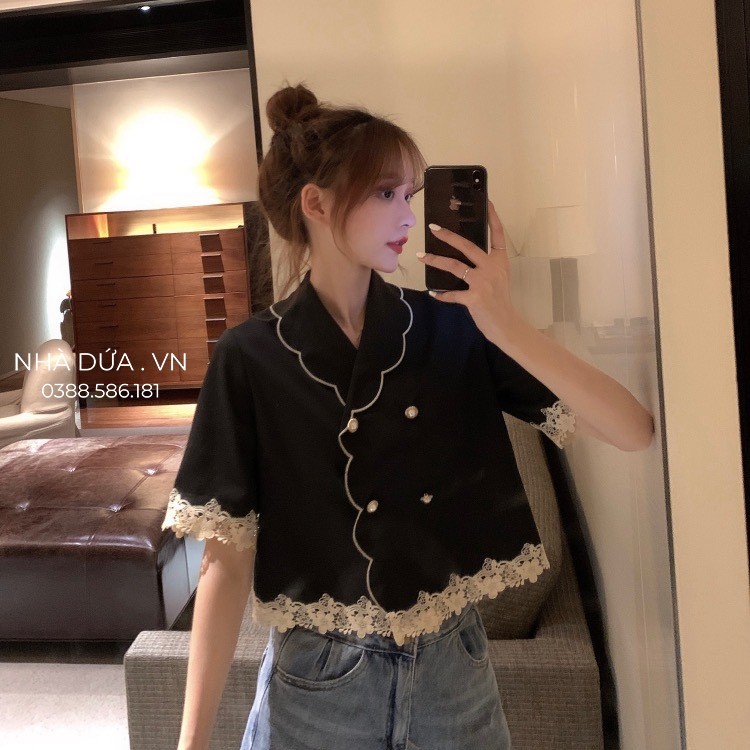 Áo kiểu nữ crop top đen viền ren trắng đẹp hàn quốc tay ngắn dễ thương - áo thun tiểu thư siêu đẹp màu đen Nhà Dứa