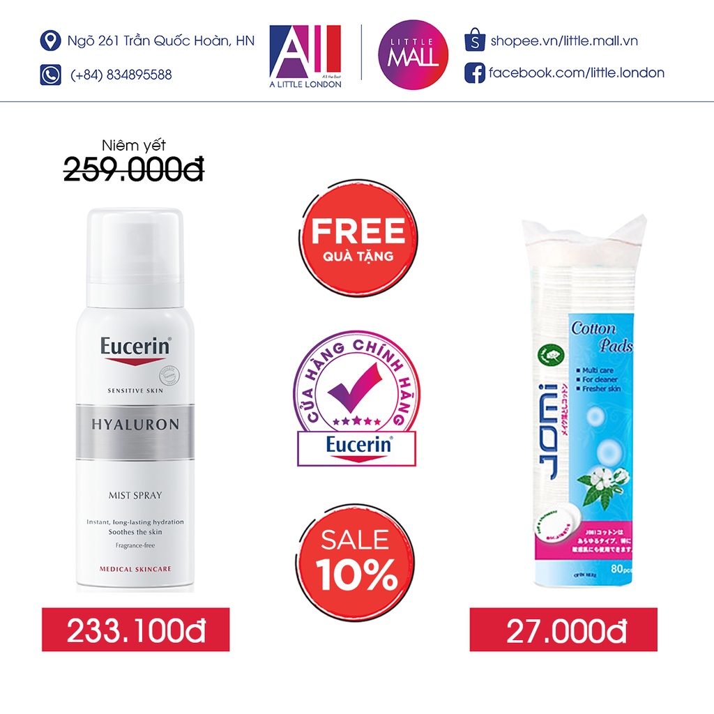 Xịt dưỡng ẩm cho da nhạy cảm Eucerin hyaluron mist spray TẶNG bông tẩy trang Jomi (Nhập khẩu)