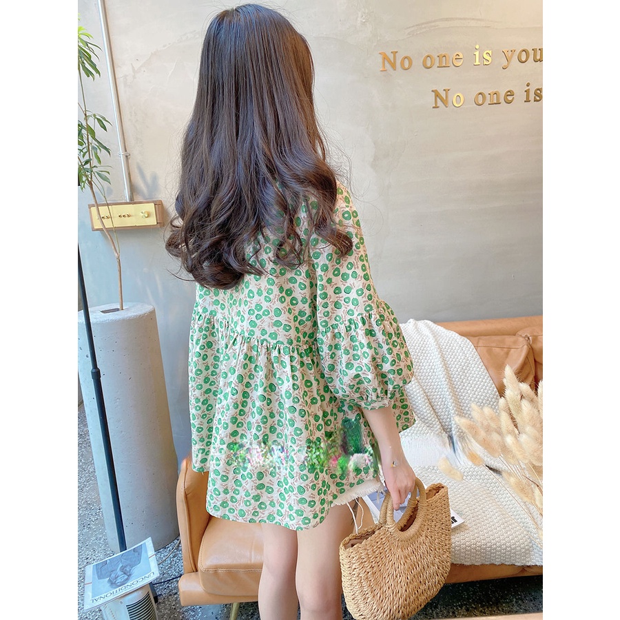 Áo Sơ Mi Cotton Lanh Tay Phồng Cổ Tròn 3/4 In Họa Tiết Hoa Phong Cách Hàn Quốc Dành Cho Nữ