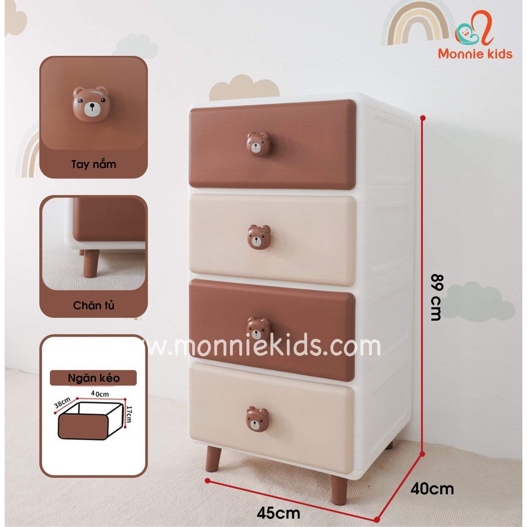 Tủ đựng đồ dùng cho bé gấu thỏ 4 tầng 40x45x89 cm 14504, tủ đựng quần áo trẻ em - Monnie Kids