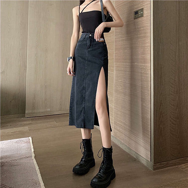 (SẴN XANH S, ĐEN S,M,L) Chân váy Jean cạp cao xẻ tà 2021
