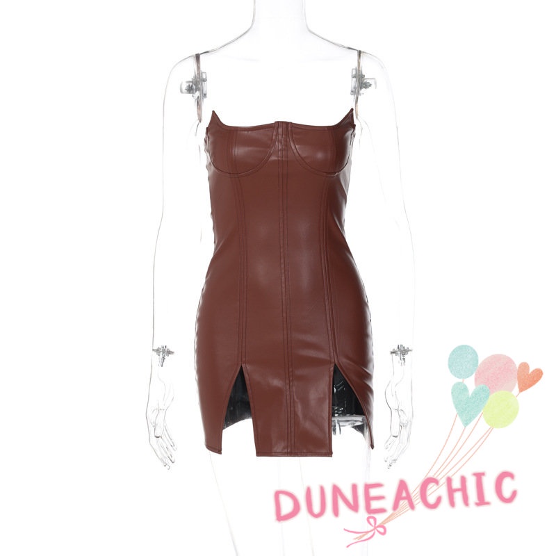 DUNEA Đầm da pu không tay hở vai gợi cảm dành cho nữ