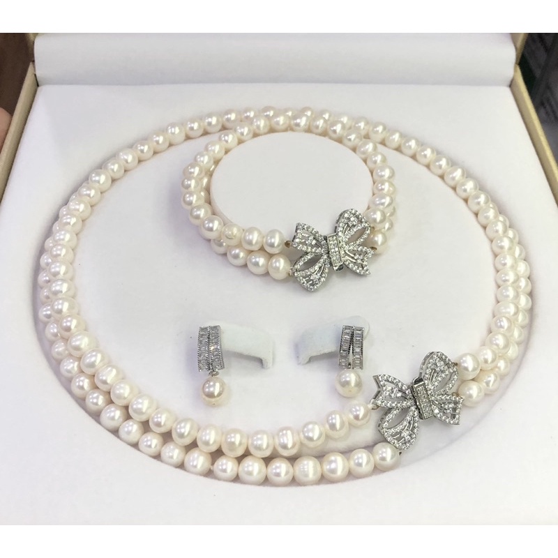 Bộ trang sức hạt nhỏ 6-7ly khóa nơ trẻ trung