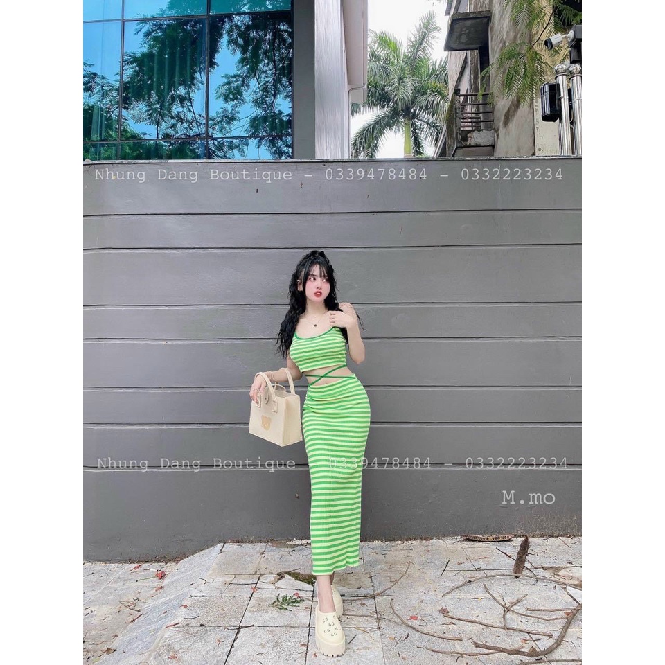 Set bộ nữ áo hai dây chân váy dáng dài họa tiết kẻ sọc