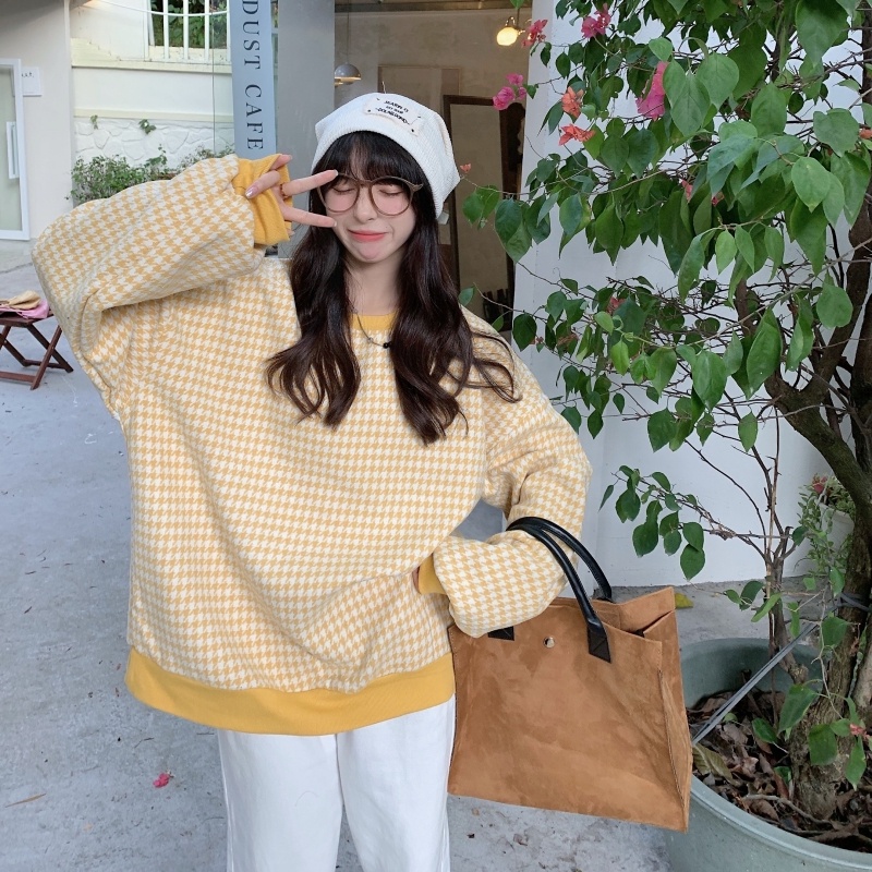 ZHELIHANGFEI Áo Thun Tay Dài Form Rộng Họa Tiết Houndstooth