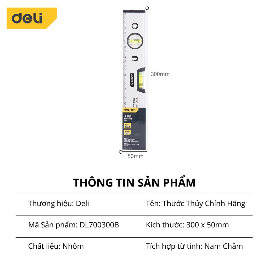 Thước Thủy Deli Chính Hãng - Độ Chính Xác Tuyệt Đối Thuận Tiện Cho Việc Đo Lường, Vỏ Hợp Kim Nhôm Siêu Bền DL700300B