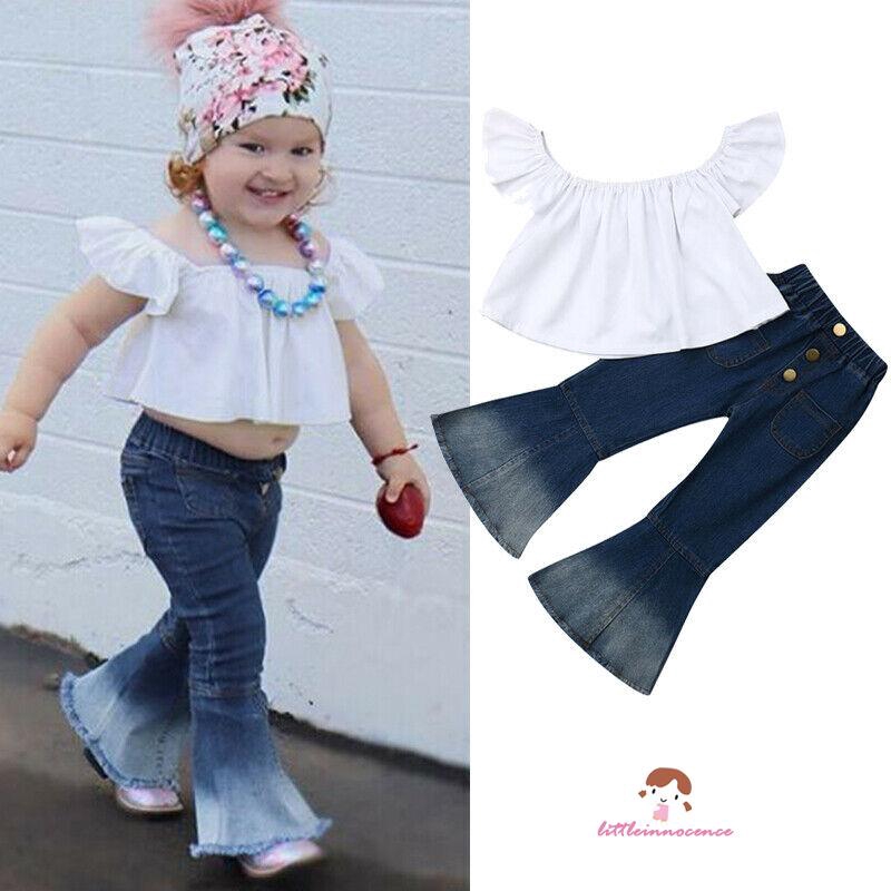 Set áo tay cánh tiên + quần jean ống loe dễ thương cho bé gái