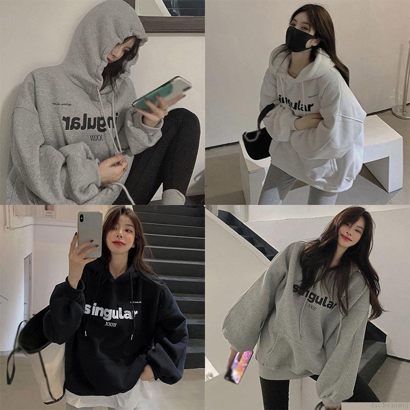 Áo hoodie tay dài dáng rộng có dây rút thời trang thu đông cho nữ