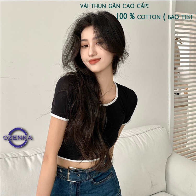 Áo croptop nữ cổ vuông, áo croptop ôm tay ngắn sexy thun gân 100% cotton OZENKA nhiều màu hàng đẹp