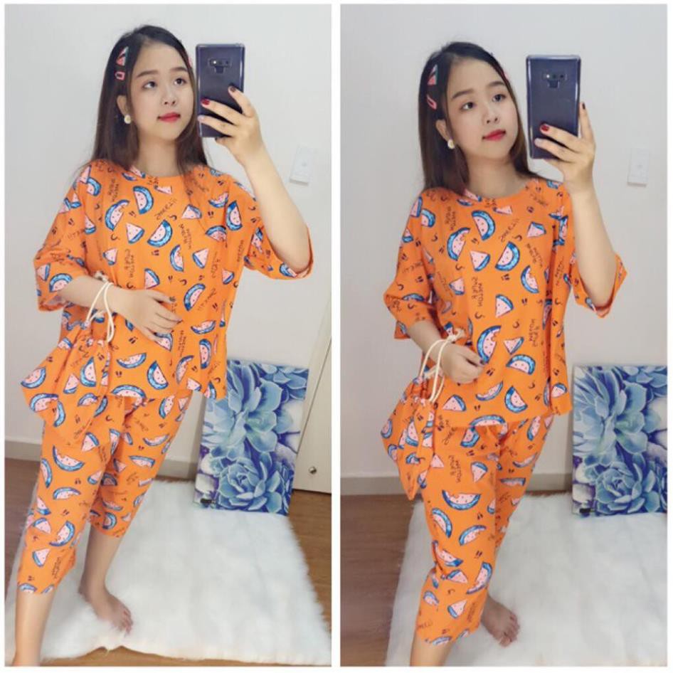 Đồ Bộ Pijama Thun Cotton Tay Ngắn Quần Lửng Họa Tiết Hoạt Hình Dễ Thương Tặng Kèm Túi P1