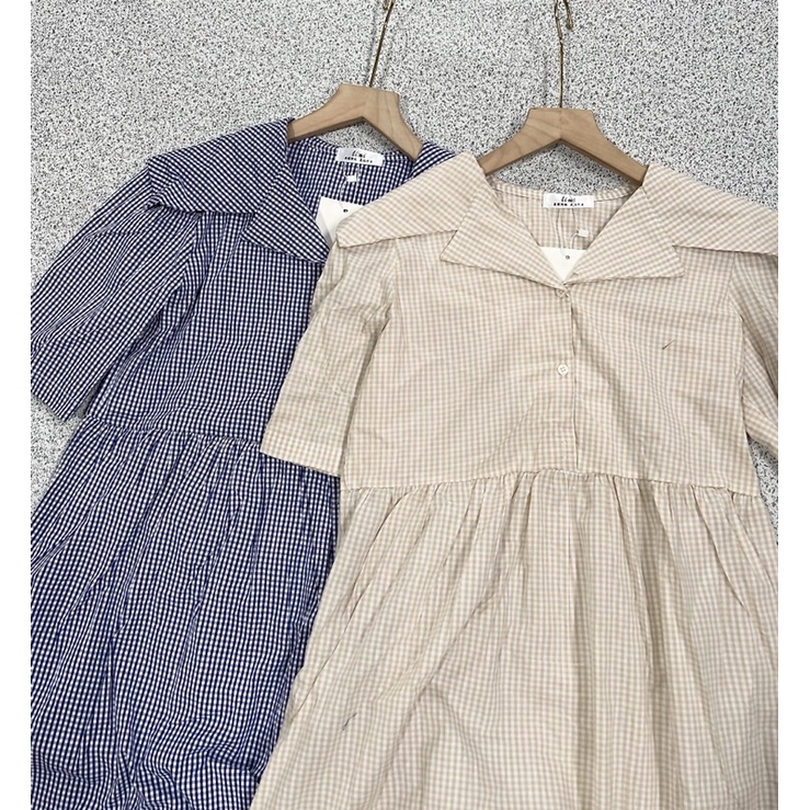 Đầm babydoll kẻ xanh/kẻ be cổ pizama xinh tiểu thư (video/sẵn)