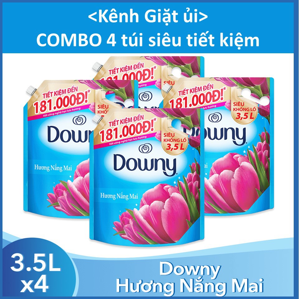 [Nguyên thùng] Combo 4 túi Nước xả vải Downy Nắng mai (Xanh) túi 3.5L X4