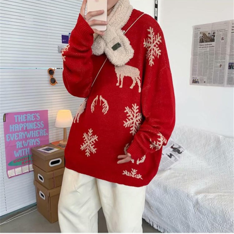Áo sweater cổ tròn dáng rộng in hình tuần lộc/hoa tuyết giáng sinh phong cách Nhật Bản thời trang cho nam size M-2XL