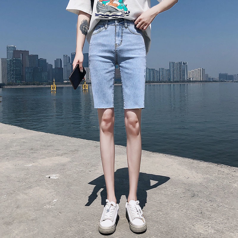 Quần Short Jean Nữ Lưng Cao Co Dãn Tốt, Phong Cách Hàn Quốc Mới