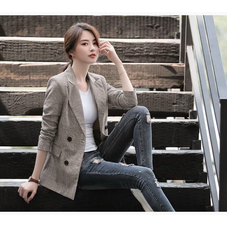 Áo khoác vest blazer kẻ phong cách Hàn quốc