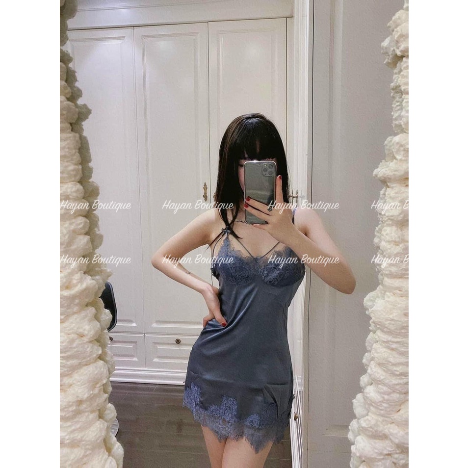 HT59 Váy ngủ sexy phối ren dây ngực quyến rũ, đồ ngủ lụa dáng xuông gợi cảm HT59