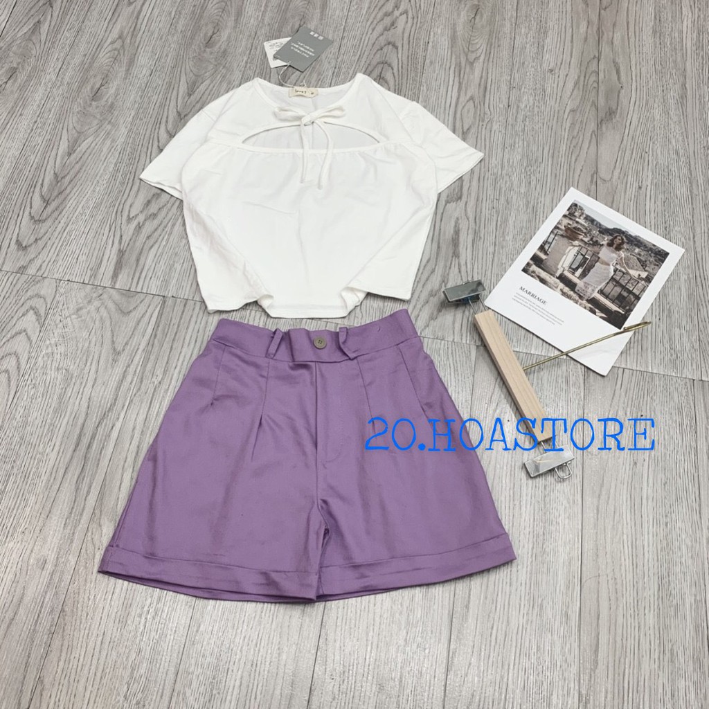 SET QUẦN SOOC ĐÙI KAKI TÍM MIX ÁO KIỂU BUỘC NƠ CỔ XẺ NGỰC BODY TRẮNG