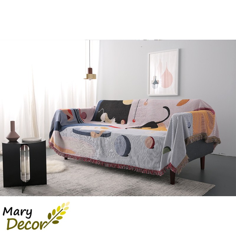 (1.8*2.6m) Chăn phủ sofa Mary Decor hiện đại, ấn tượng, sáng tạo chất liệu len dệt cao cấp - Mèo PS20