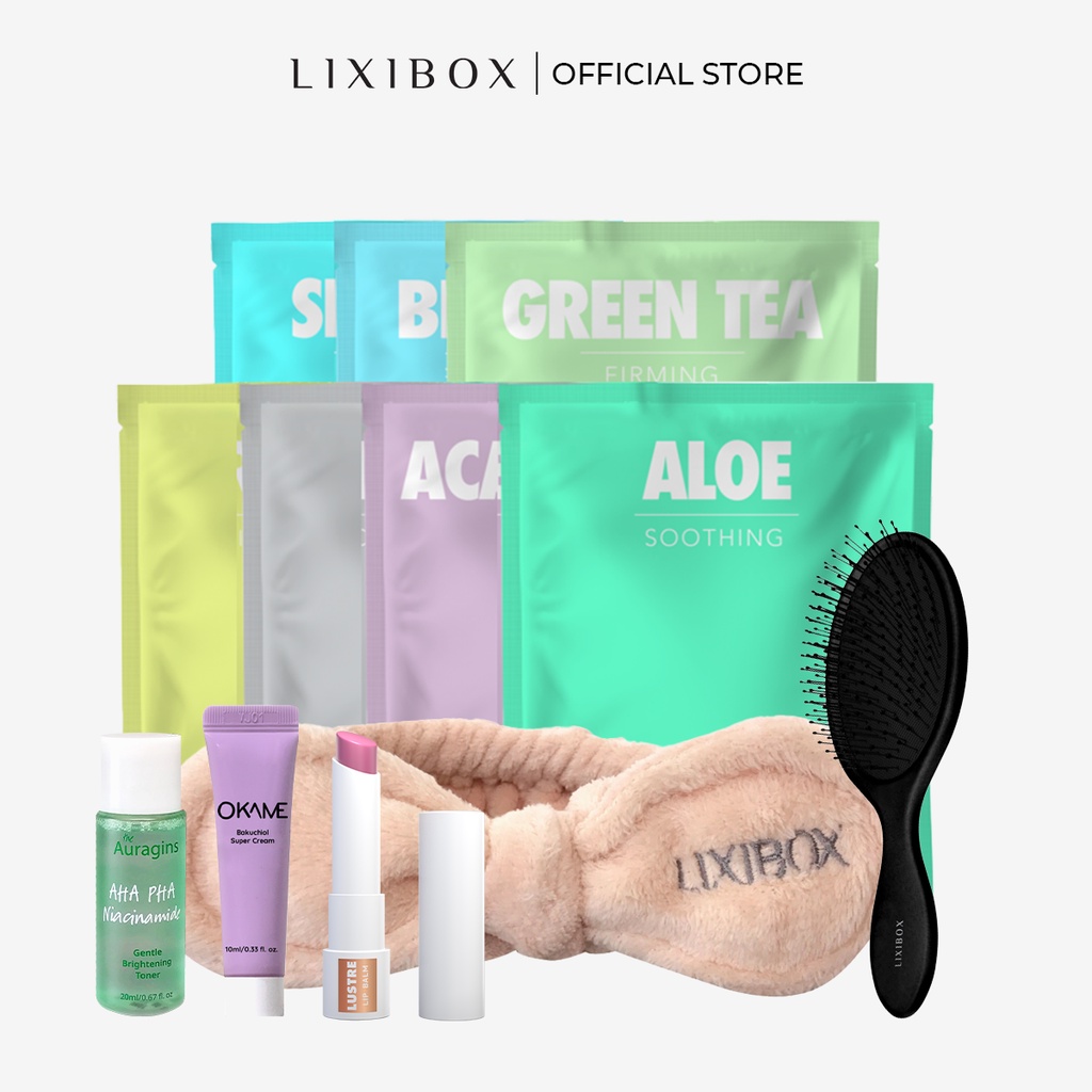 [HB Gift] Combo Son dưỡng Lustre,băng đô&amp;7 mặt nạ Lxb,Lixibox Massaging Hair Brush,Toner auragins 20ml,Bakuchiol 10ml