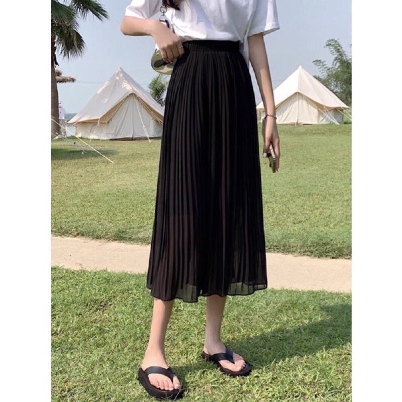 Chân váy voan dập ly dáng dài  2 màu trắng và đen. alohashop91