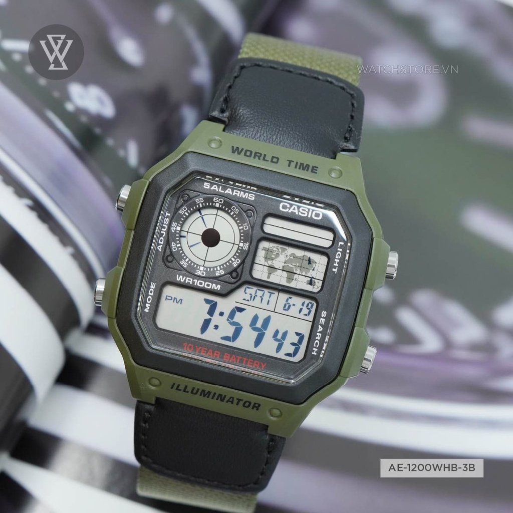 Đồng Hồ Điện Tử Nam Casio WATCHSTORE AE-1200WHB-3BVDF Thiết Kế Mặt Kính Vuông 42mm, Dây Đeo Và Vỏ Nhựa Bền Bỉ