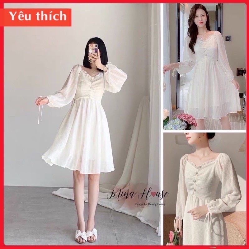 Váy Trắng Tay Bồng - Đầm Tiểu Thư Vintage Hàng Thiết Kế 2 Lớp