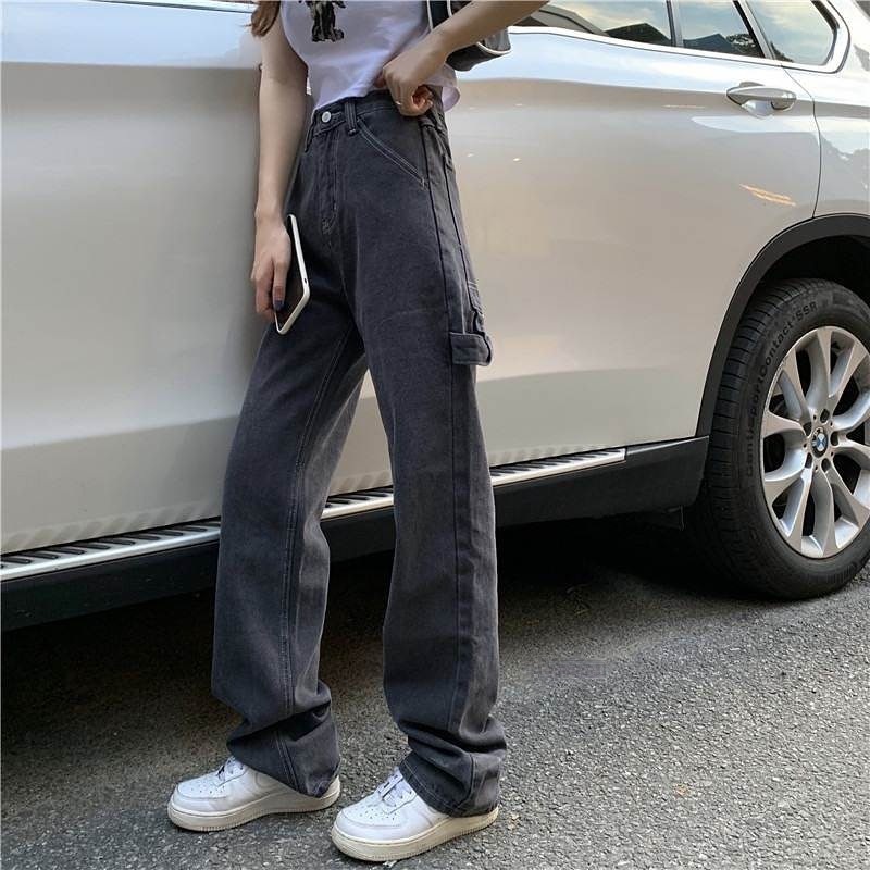 Quần Jean Nữ FU SHI JEANS Dáng Suông Ống Rộng Phối Dây Ulzzang