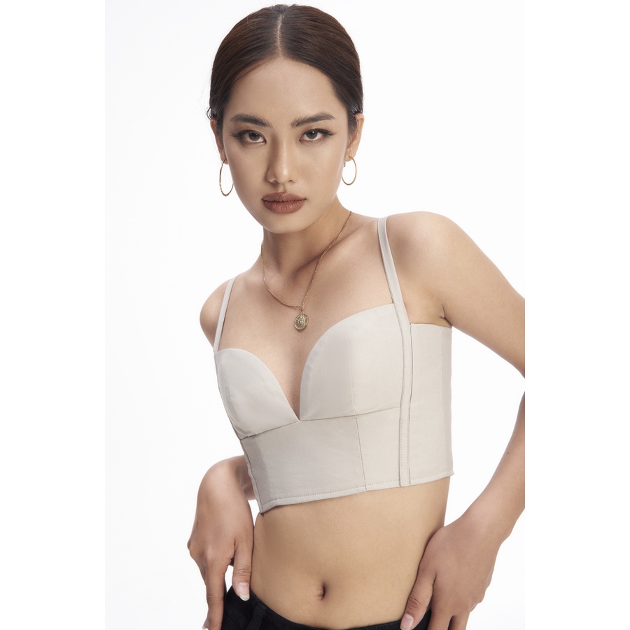 Áo crotop hai dây, màu kem, thiết kế dây kéo phía sau, xẻ ngực, bản dây mảnh , là min - TIMBERWOLF CROPTOP