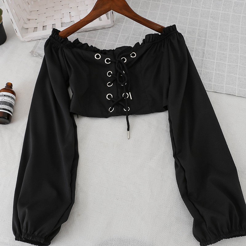 [ HÌNH THẬT ] Áo Croptop Cách Điệu Hở Vai Dài Tay - ORDER TAOBAO - A00157