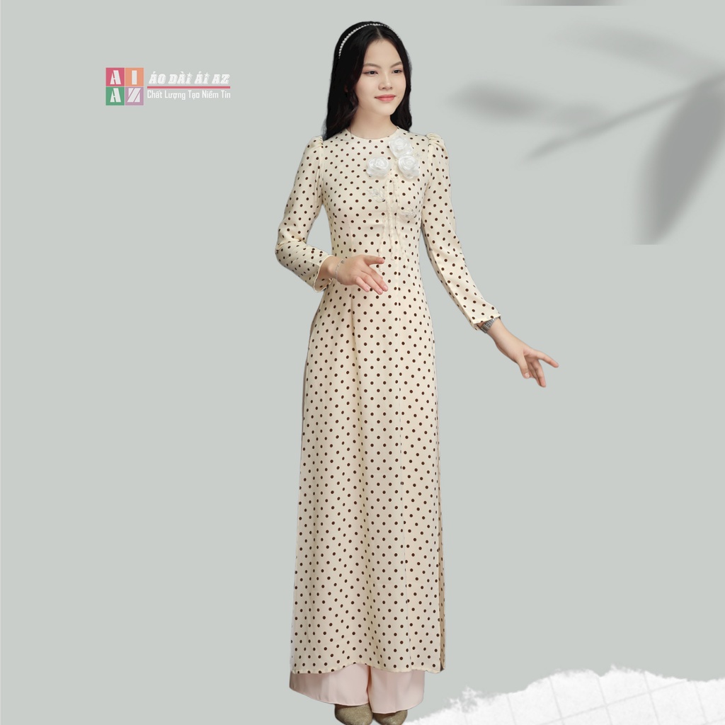 Áo Dài Truyền Thống Nữ Cổ Tròn Chấm Bi Hoa Thủ Công AT09N
