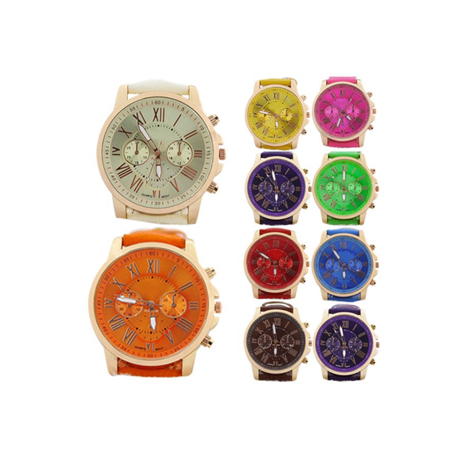 Đồng hồ Quartz Analog số La Mã dây da nhiều màu cho nữ