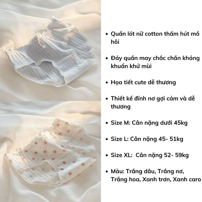 Quần lót nữ cotton, quần lót viền ren gân tăm đinh nơ nhiều họa tiết dễ thương L128