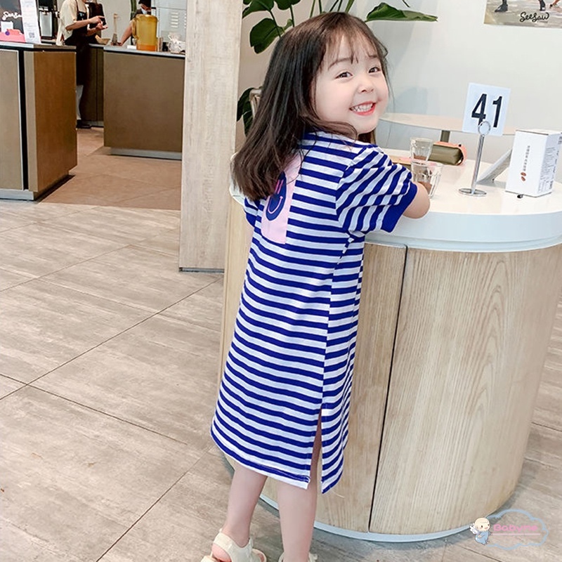 Đầm Thun Tay Ngắn Họa Tiết Sọc Lưng Thời Trang Mùa Hè Cho Bé Gái