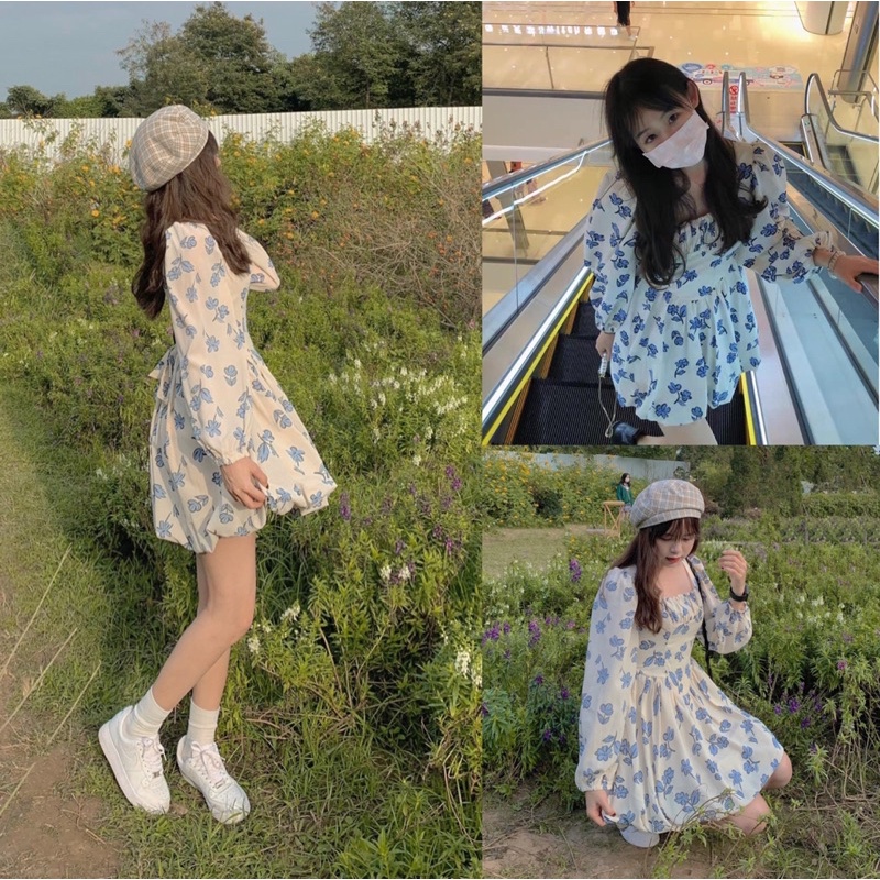 ĐẦM-VÁY HOA NHÍ DÀI TAY HOA XANH DÁNG BỒNG FREESIZE 🌸