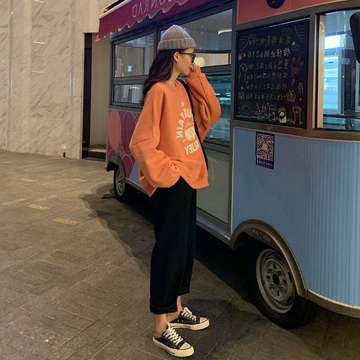 SUXI Áo Nỉ Tay Dài Cổ Tròn In Chữ Phong Cách Hàn Quốc